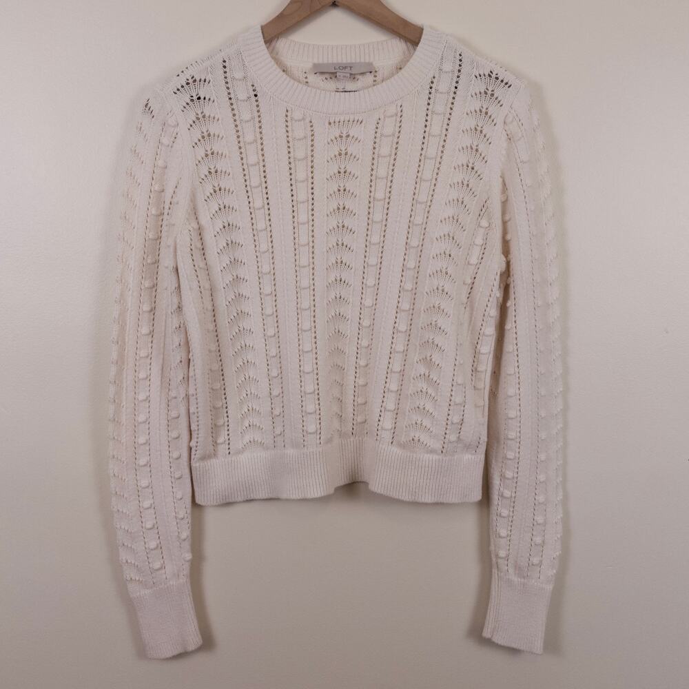 LOFT Lace and Bobble White Knit Pullover Sweater Size M Classic Timeless Preppy